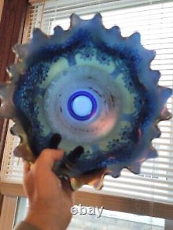 Awesome Blue Fenton Orange Tree Pattern Carnival Glass Punch Bowl & Base