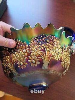 Awesome Blue Fenton Orange Tree Pattern Carnival Glass Punch Bowl & Base