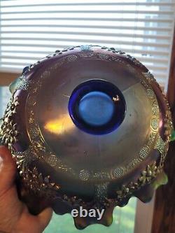 Awesome Blue Fenton Orange Tree Pattern Carnival Glass Punch Bowl & Base