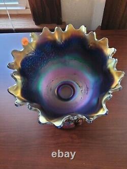 Awesome Blue Fenton Orange Tree Pattern Carnival Glass Punch Bowl & Base