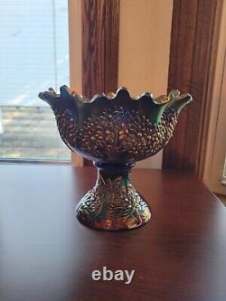 Awesome Blue Fenton Orange Tree Pattern Carnival Glass Punch Bowl & Base