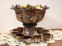 BANQUET SIZE Grape & Cable AMETHYST PUNCH BOWL, BASE AND 11 CUPS