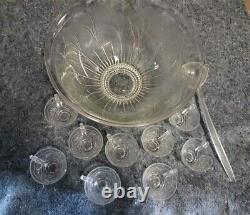 BEAUTIFUL 11-PC VINTAGE INDIANA GLASS PEBBLE LEAF PUNCH BOWL With9 CUPS AND LADLE