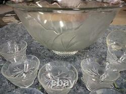 BEAUTIFUL 11-PC VINTAGE INDIANA GLASS PEBBLE LEAF PUNCH BOWL With9 CUPS AND LADLE