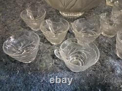 BEAUTIFUL 11-PC VINTAGE INDIANA GLASS PEBBLE LEAF PUNCH BOWL With9 CUPS AND LADLE