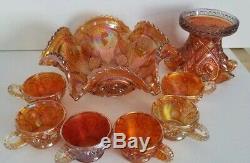 BEAUTIFUL 8 Piece Amber Carnival Glass Punch Bowl & Cups EXCELLENT CONDITION