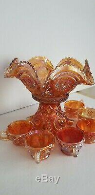 BEAUTIFUL 8 Piece Amber Carnival Glass Punch Bowl & Cups EXCELLENT CONDITION