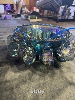 BEAUTIFUL Iridescent Blue Carnival Glass Princess Punch Set (26pc)