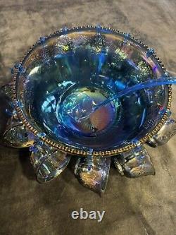 BEAUTIFUL Iridescent Blue Carnival Glass Princess Punch Set (26pc)