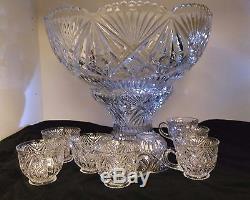 BEAUTIFUL LARGE AMERICAN BRILLIANT PERIOD CUT GLASS CENTERPIECE PUNCH BOWL 8 cup