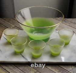 BLENDO GLASS PUNCH BOWL Clear Frosted Green with 5 Glasses Gold Rim CLEAN MCM