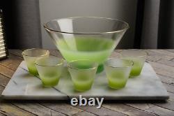 BLENDO GLASS PUNCH BOWL Clear Frosted Green with 5 Glasses Gold Rim CLEAN MCM