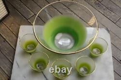 BLENDO GLASS PUNCH BOWL Clear Frosted Green with 5 Glasses Gold Rim CLEAN MCM