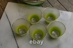 BLENDO GLASS PUNCH BOWL Clear Frosted Green with 5 Glasses Gold Rim CLEAN MCM