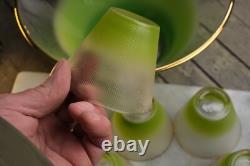 BLENDO GLASS PUNCH BOWL Clear Frosted Green with 5 Glasses Gold Rim CLEAN MCM