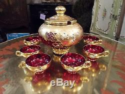 BOHEMIAN CZECH RUBY ART GLASS WithHAND PAINTED GOLD & FLORAL PUNCH BOWL & CUPS NR