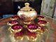 BOHEMIAN CZECH RUBY ART GLASS WithHAND PAINTED GOLD & FLORAL PUNCH BOWL & CUPS NR