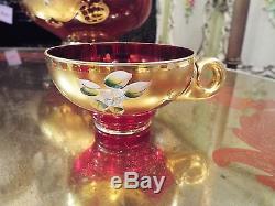 BOHEMIAN CZECH RUBY ART GLASS WithHAND PAINTED GOLD & FLORAL PUNCH BOWL & CUPS NR