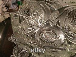 Beautiful Antique 12 Cup Punch Bowl with 12 Cups and Original Glass Ladle