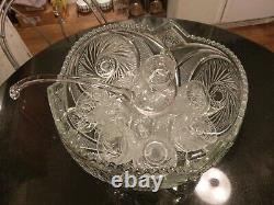 Beautiful Antique 12 Cup Punch Bowl with 12 Cups and Original Glass Ladle