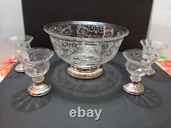 Beautiful Early Cambrige Etched Glass Fruit/Punch Bowl & 4 glasses