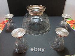 Beautiful Early Cambrige Etched Glass Fruit/Punch Bowl & 4 glasses