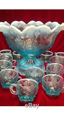 Beautiful Fenton Blue Opalescent 14 Piece Punch Bowl Set