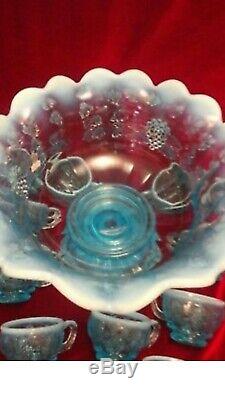 Beautiful Fenton Blue Opalescent 14 Piece Punch Bowl Set
