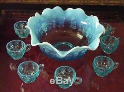 Beautiful Fenton Blue Opalescent 8 piece Punch Bowl Set