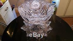 Beautiful & Huge Antique Glass Punch Bowl on Glass Pedestal & Cups