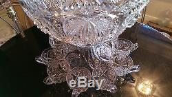 Beautiful & Huge Antique Glass Punch Bowl on Glass Pedestal & Cups