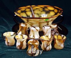 Beautiful LARGE amber/white Hand Blown punch Bowl Set from Neiman Marcus