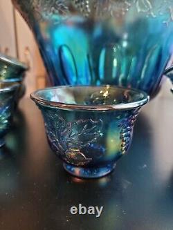 Beautiful Princess Blue Carnival Glass Punch Bowl & 12 Matching Cups Iridescent