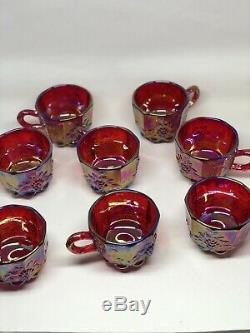 Beautiful Red, Iridescent Carnival Glass Punchbowl With 8 Cups And Glass Ladle