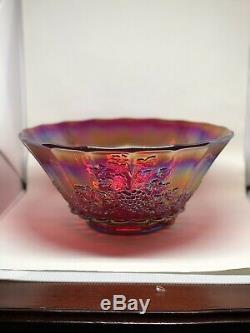 Beautiful Red, Iridescent Carnival Glass Punchbowl With 8 Cups And Glass Ladle