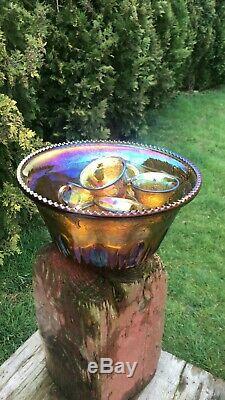 Beautiful Vintage Carnival Glass Large Punch Bowl With 10 Cups