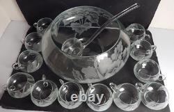 Beautiful Vintage Frank Oda Arts Hawaii Etched Glass Punch Bowl, Ladle & 12 Cups