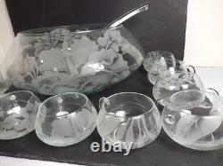 Beautiful Vintage Frank Oda Arts Hawaii Etched Glass Punch Bowl, Ladle & 12 Cups