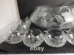 Beautiful Vintage Frank Oda Arts Hawaii Etched Glass Punch Bowl, Ladle & 12 Cups