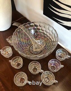 Beautiful Vintage Iridescent Thumbprint Punch Bowl With 8 Cups & Ladle