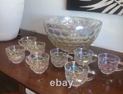 Beautiful Vintage Iridescent Thumbprint Punch Bowl With 8 Cups & Ladle