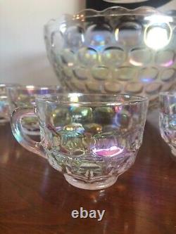 Beautiful Vintage Iridescent Thumbprint Punch Bowl With 8 Cups & Ladle