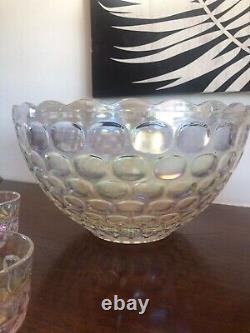 Beautiful Vintage Iridescent Thumbprint Punch Bowl With 8 Cups & Ladle