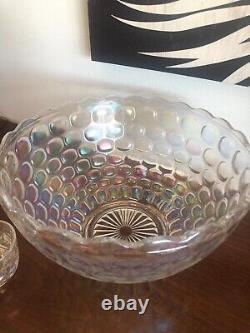 Beautiful Vintage Iridescent Thumbprint Punch Bowl With 8 Cups & Ladle