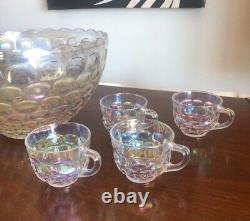 Beautiful Vintage Iridescent Thumbprint Punch Bowl With 8 Cups & Ladle