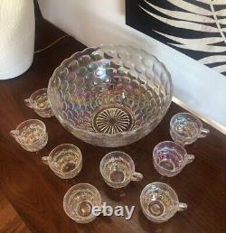 Beautiful Vintage Iridescent Thumbprint Punch Bowl With 8 Cups & Ladle