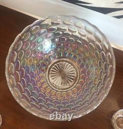 Beautiful Vintage Iridescent Thumbprint Punch Bowl With 8 Cups & Ladle