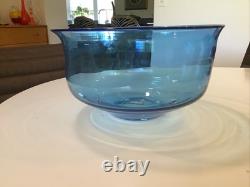 Blenko Glass Bright Blue Hand Blown 11D Punch Center Chip Bowl WOW