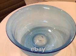 Blenko Glass Bright Blue Hand Blown 11D Punch Center Chip Bowl WOW