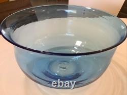 Blenko Glass Bright Blue Hand Blown 11D Punch Center Chip Bowl WOW